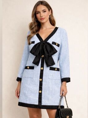 Pomander Place by Tuckernuck Ice Blue Tweed Bow Dress XXL Gold Buttons NWT